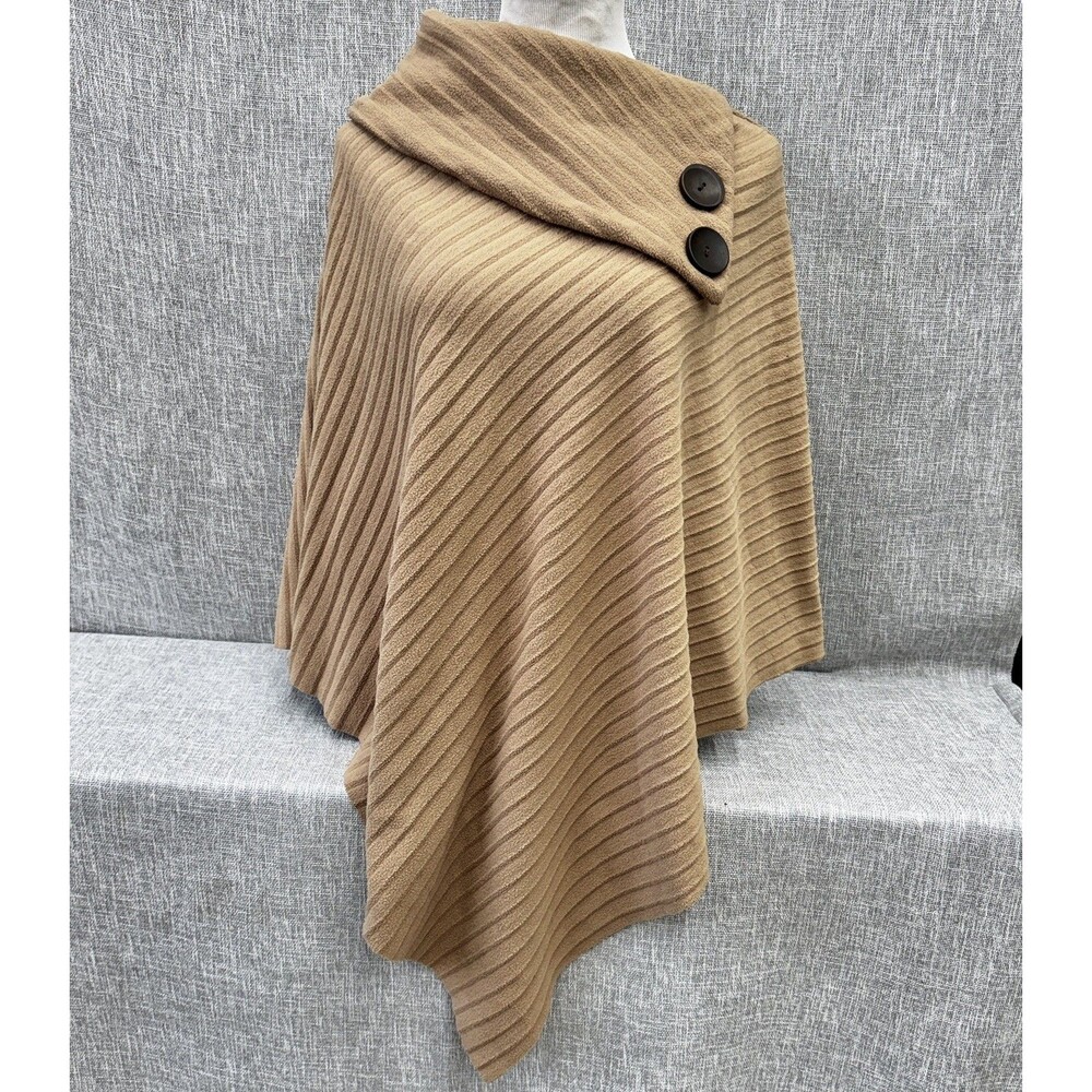Le Moda Camel Tan Ribbed Fleece Button Accent Asymmetrical Poncho Cape One Size